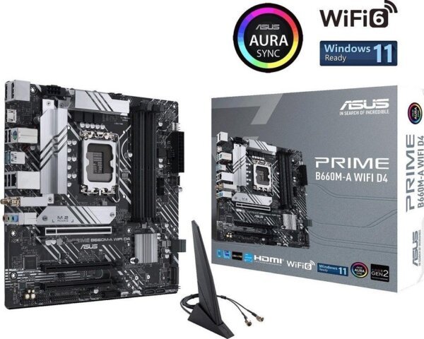Asus Prime B660M-A Wifi D4 M-ATX Motherboard, LGA 1700 Socket 12th Gen, DDR4 Support, 1Gb Ethernet, PCIe 4.0, M.2 Slots, Intel Wi-Fi 6, DP / HDMI / USB 3.2, Aura Sync | 90MB1AE0-M0EAY0 - Image 2