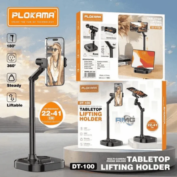 PLOKAMA DT100 Flexible Aluminium Desktop Stand – 360° Rotatable Phone & Tablet Holder